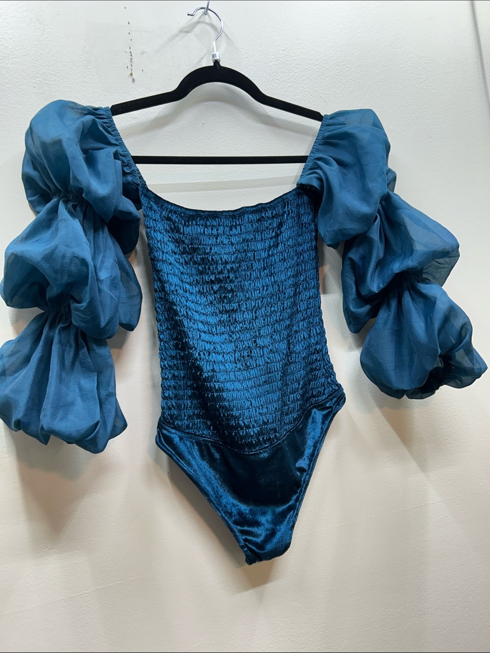 Free People Teal Puff-Sleeve Smocked Velvet Bodysuit